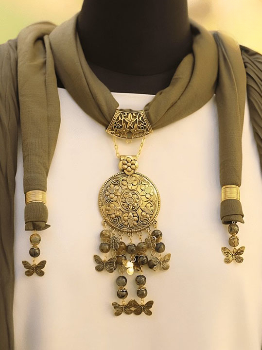Olive Wings – Bedouin-Inspired Gold Pendant Necklace Scarf with Butterfly Charms