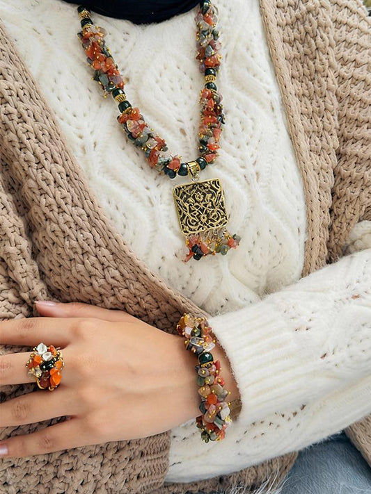 Handmade Agate Stone Jewelry Set – Arabic Art Pendant