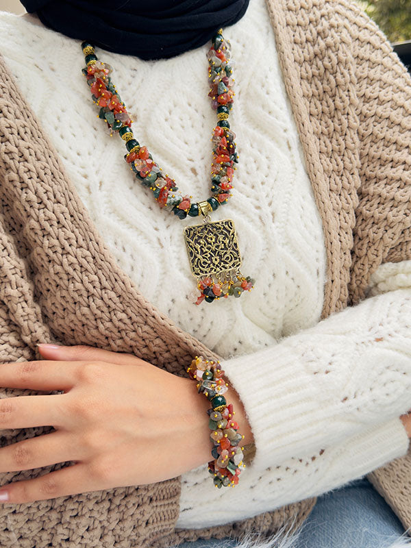 Handmade Agate Stone Jewelry Set – Arabic Art Pendant