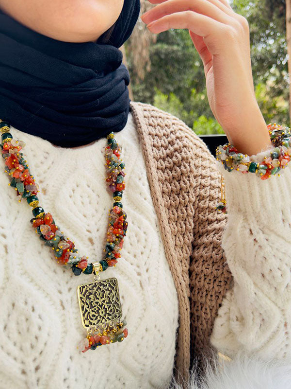 Handmade Agate Stone Jewelry Set – Arabic Art Pendant