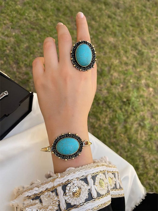 Vintage Oriental Bracelet & Ring Set – Black, Turquoise & Red Stones