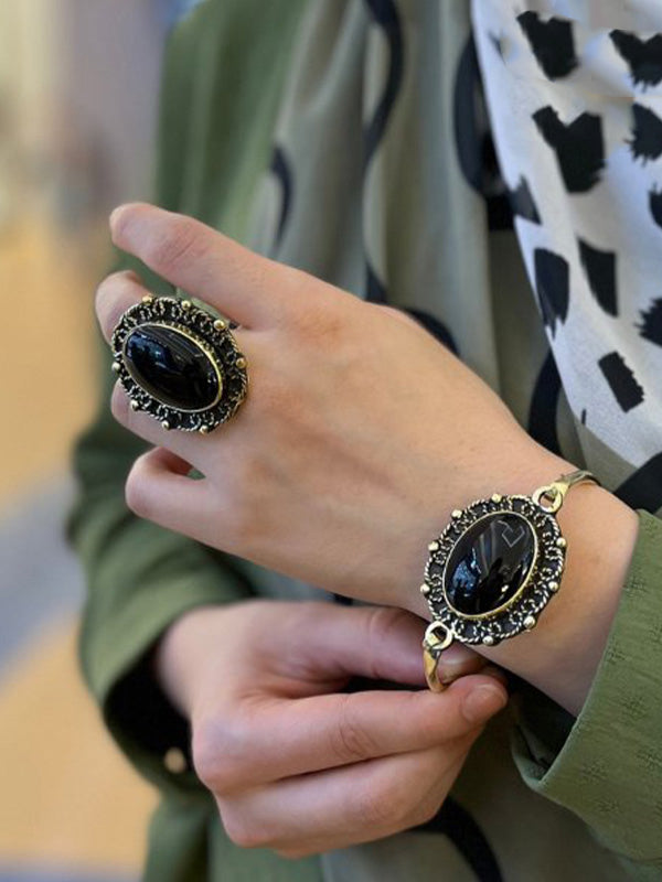 Vintage Oriental Bracelet & Ring Set – Black, Turquoise & Red Stones