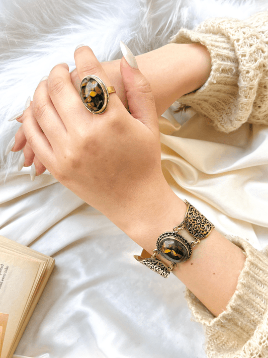 Handcrafted Copper Bracelet & Ring Set – Arabic Art Design