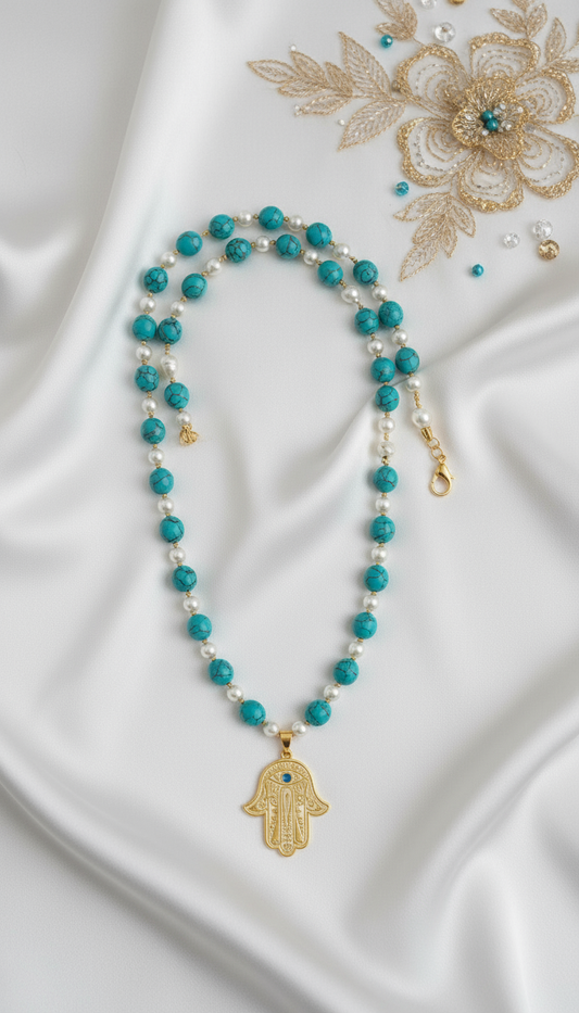 Sufi Hamsa Necklace – Turquoise & Pearl Harmony