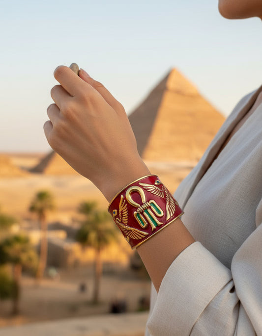 Handcrafted Pharaonic Copper Bracelet – Ankh & Wings Design