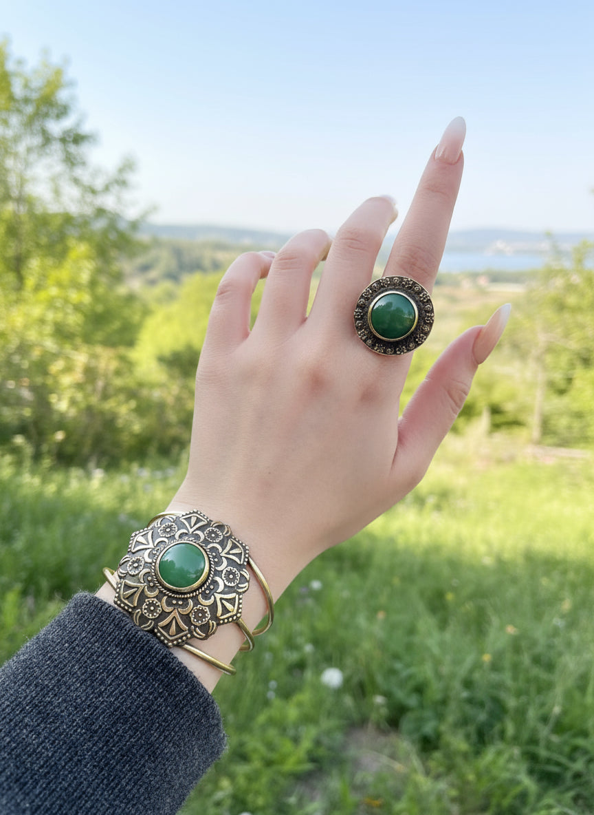 Handcrafted Copper Jewelry Set – Green Stone Floral Majesty