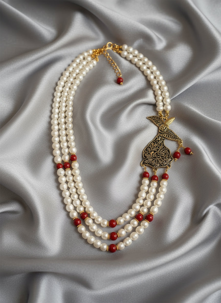 Whispers of the Dervish – Sufi Pearl Layered Red Marjan Necklace