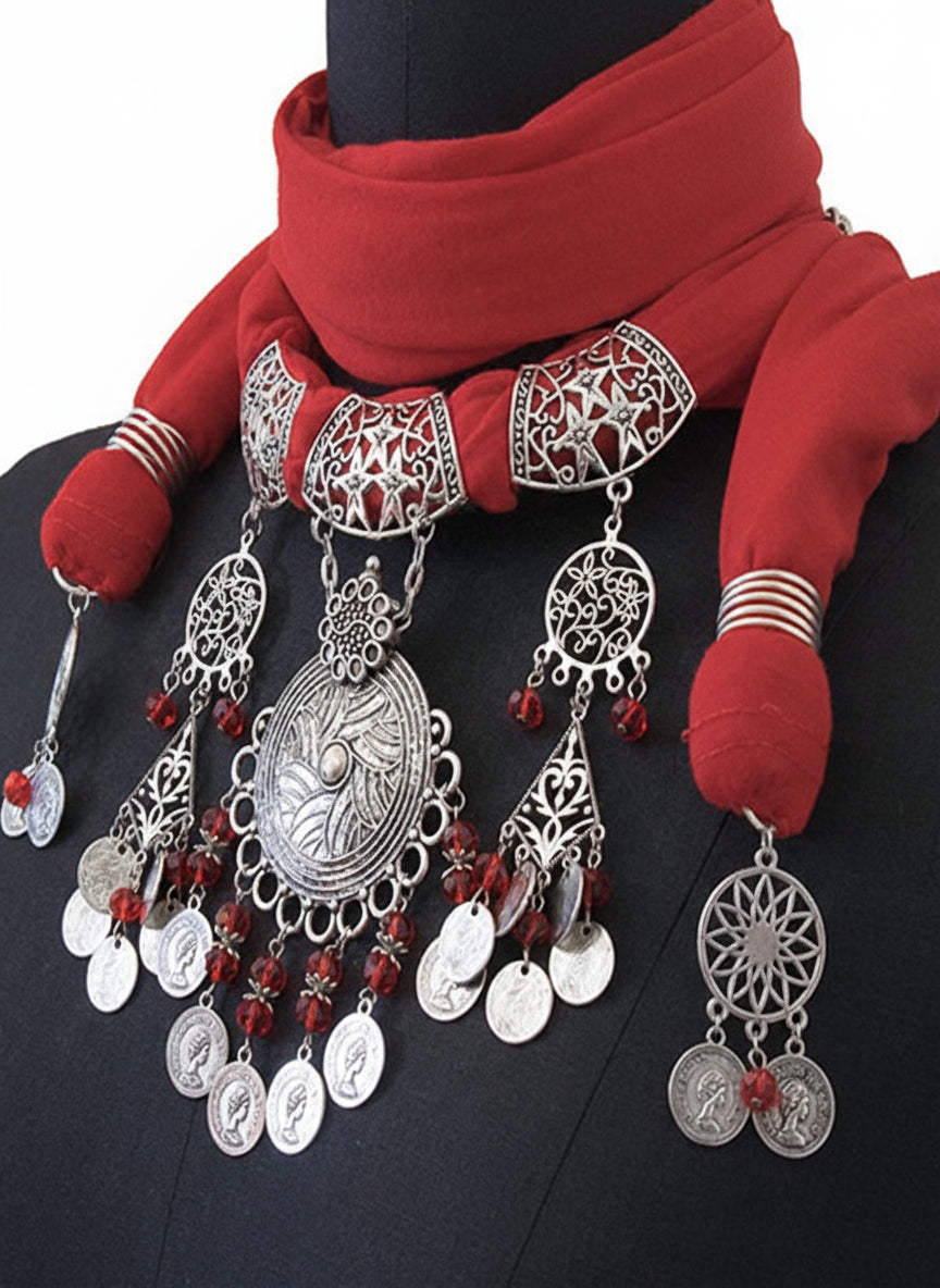 Crimson Echo – Bedouin-Inspired Necklace Scarf with Silver Coins & Tribal Medallion