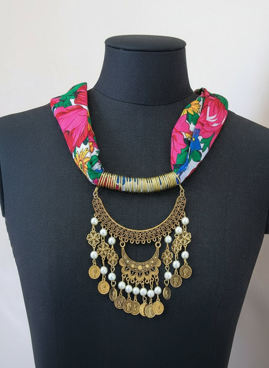 Floral Folklore – Bedouin Necklace Scarf with Gold Coin & Pearl Pendant