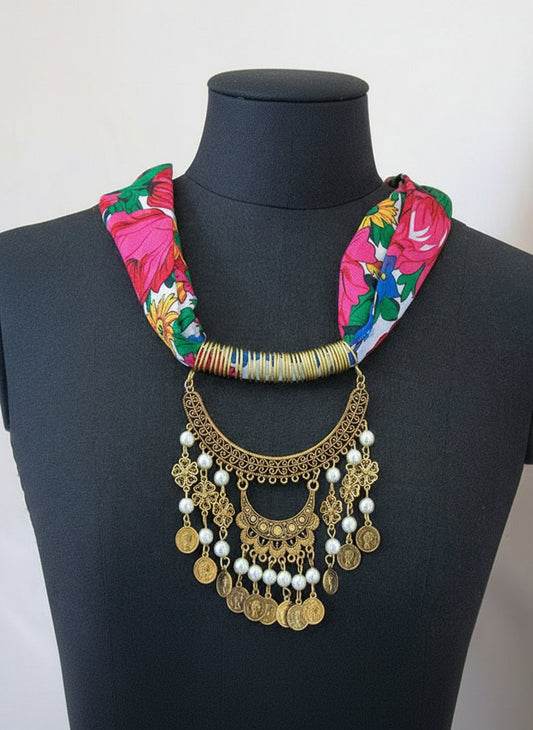 Floral Folklore – Bedouin Necklace Scarf with Gold Coin & Pearl Pendant