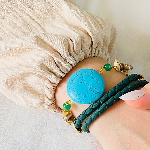 Boho Turquoise & Leather Charm Jewelry Set – Bracelet & Ring