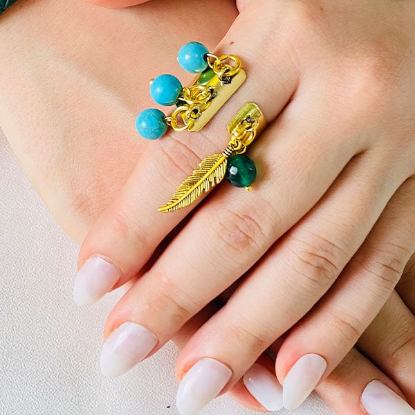 Boho Turquoise & Leather Charm Jewelry Set – Bracelet & Ring