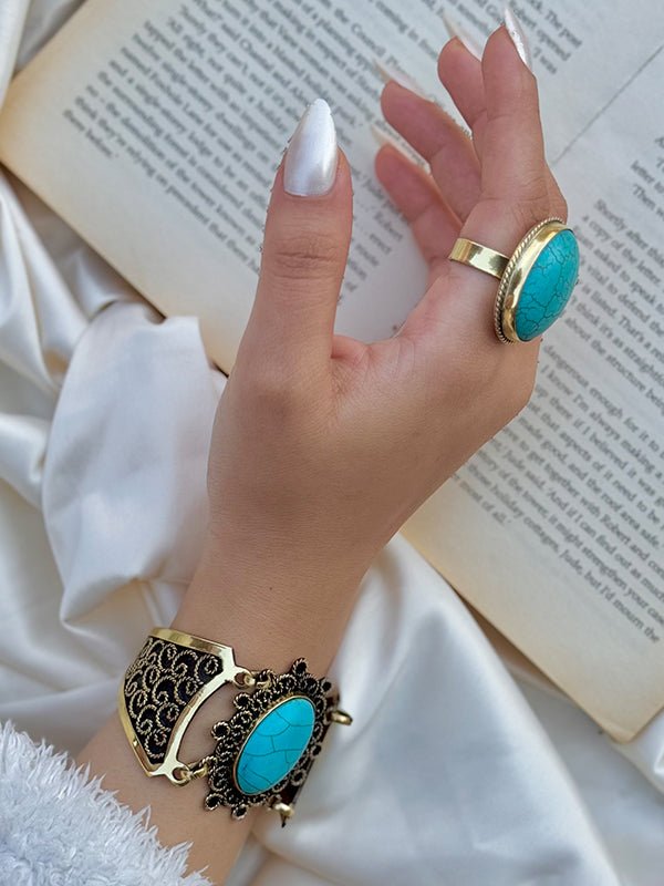 Antique Copper Bracelet & Ring Set – Agate & Turquoise Collection