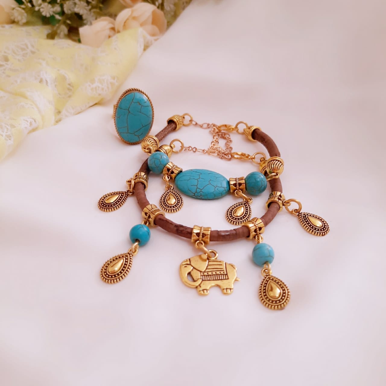 Boho Turquoise & Leather Charm Jewelry Set