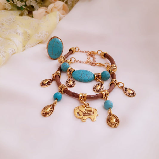 Boho Turquoise & Leather Charm Jewelry Set
