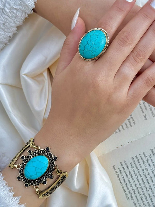 Antique Copper Bracelet & Ring Set – Agate & Turquoise Collection