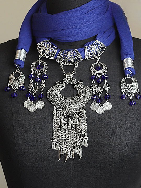 Desert Queen – Bedouin Metal Pendant Necklace Scarf with Royal Blue Wrap