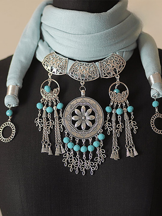 Desert Breeze – Bedouin-Inspired Necklace Scarf with Silver Pendant & Turquoise Beads