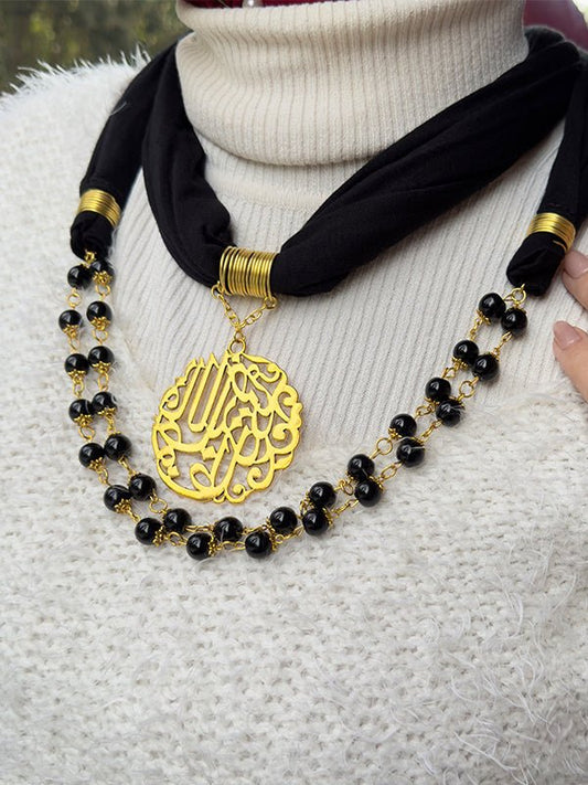 Noor Al-Kalima – Arabic Calligraphy Necklace Scarf with Gold Pendant & Black Beads