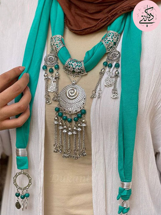 Desert Whirl – Bedouin-Inspired Necklace Scarf with Silver Spiral Pendant & Green Beads