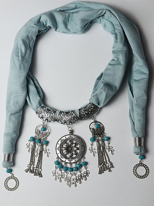 Desert Breeze – Bedouin-Inspired Necklace Scarf with Silver Pendant & Turquoise Beads