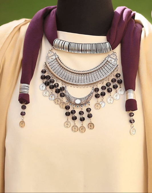 Moonlight Tribe – Bedouin-Inspired Necklace Scarf with Silver Lunar Pendant & Coin Charms