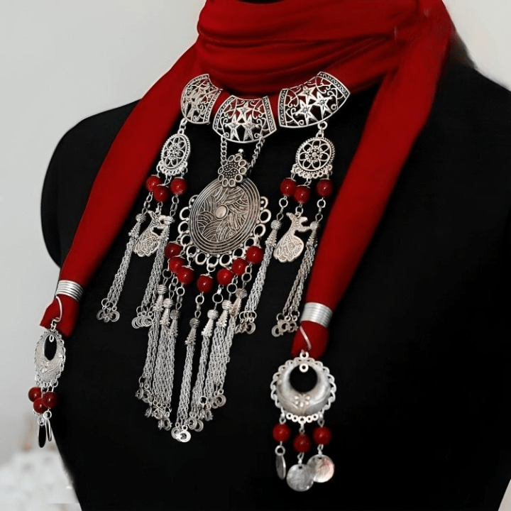 Red Bedouin Metal Pendant Necklace Scarf