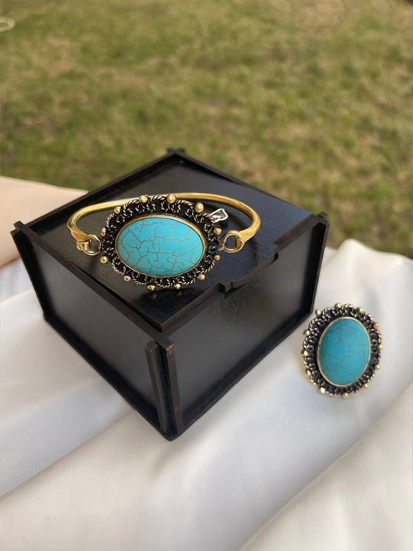 Vintage Oriental Bracelet & Ring Set – Black, Turquoise & Red Stones