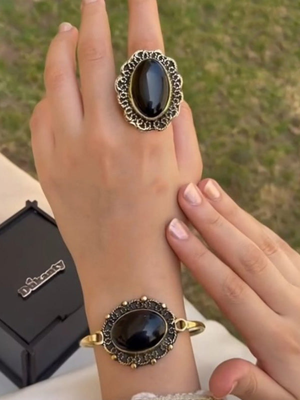 Vintage Oriental Bracelet & Ring Set – Black, Turquoise & Red Stones