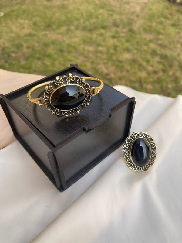 Vintage Oriental Bracelet & Ring Set – Black, Turquoise & Red Stones