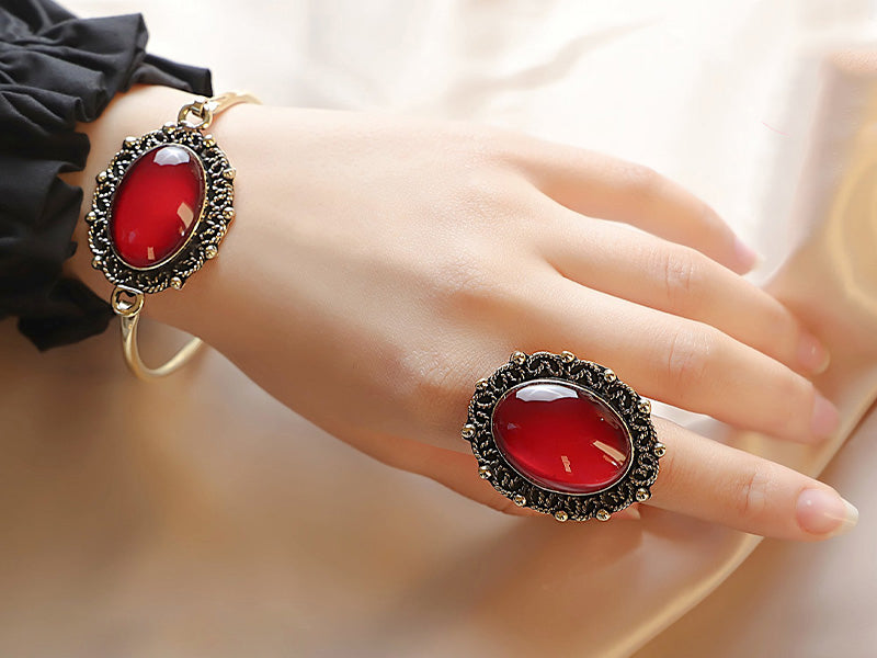 Vintage Oriental Bracelet & Ring Set – Black, Turquoise & Red Stones