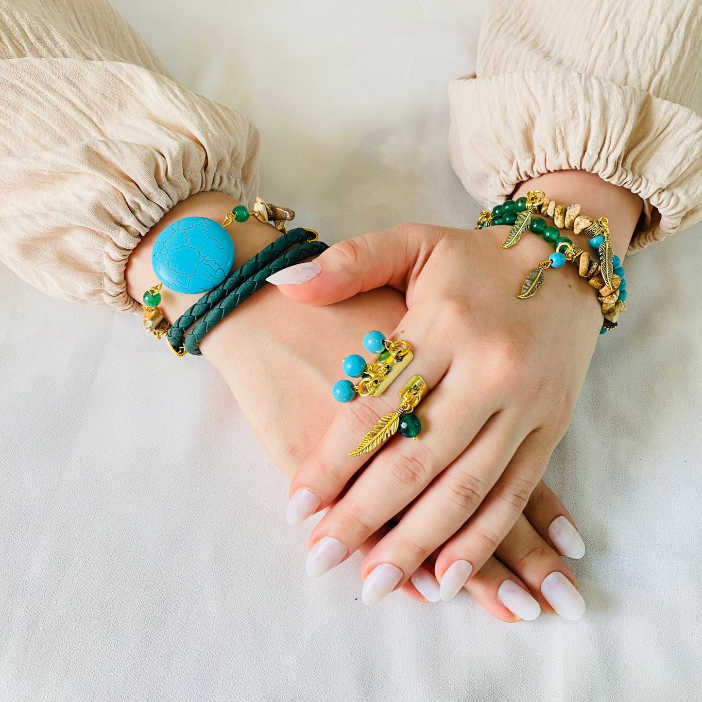 Boho Turquoise & Leather Charm Jewelry Set – Bracelet & Ring