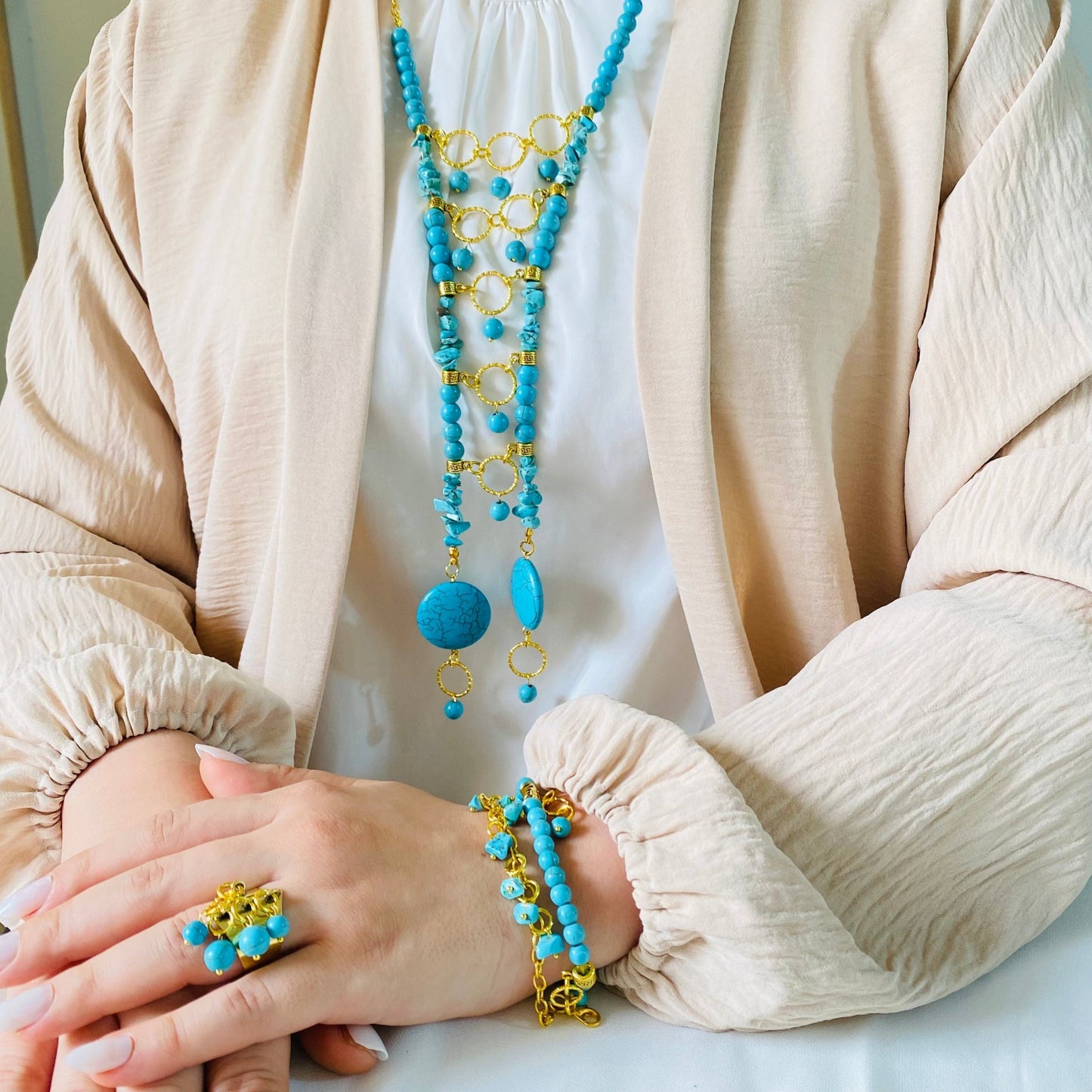 Turquoise Elegance Boho Jewelry Set – Necklace, Bracelet & Ring