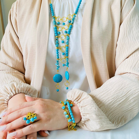 Turquoise Elegance Boho Jewelry Set – Necklace, Bracelet & Ring