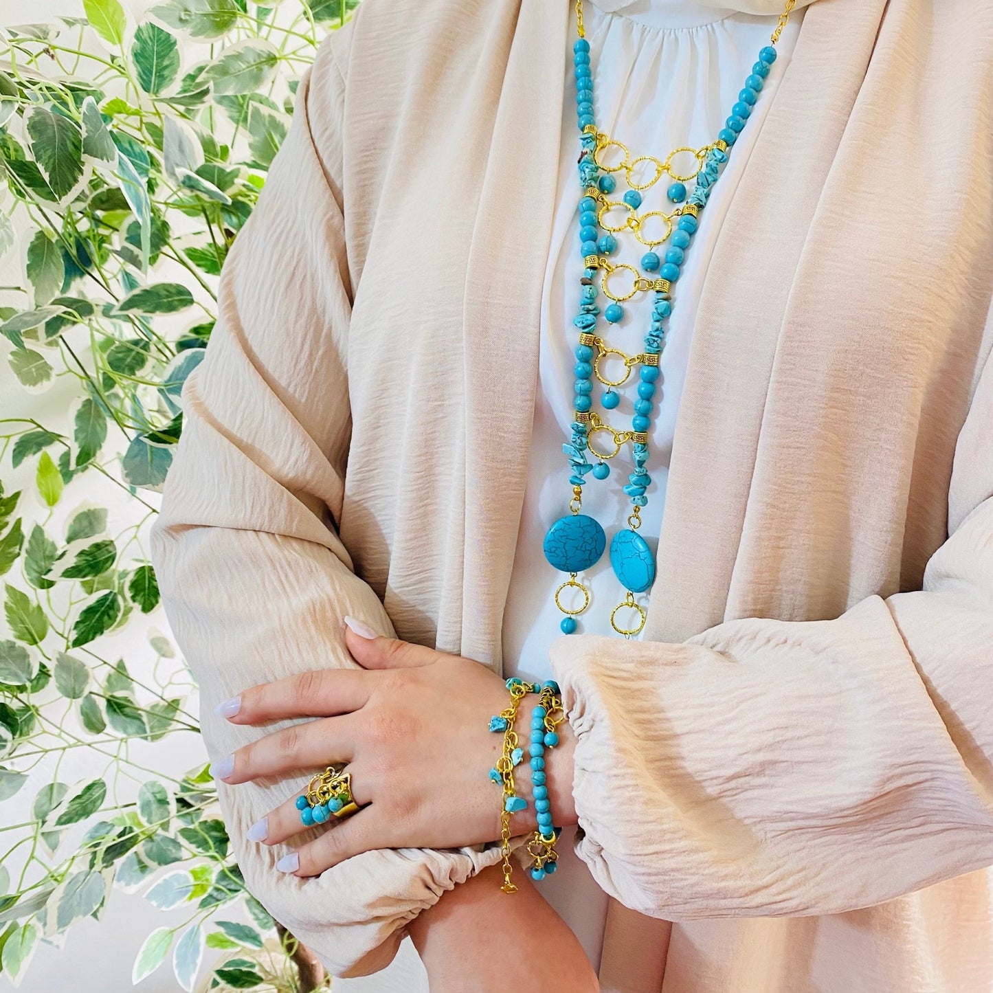 Turquoise Elegance Boho Jewelry Set – Necklace, Bracelet & Ring