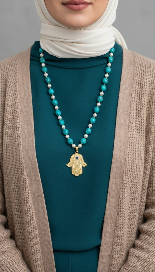 Sufi Hamsa Necklace – Turquoise & Pearl Harmony