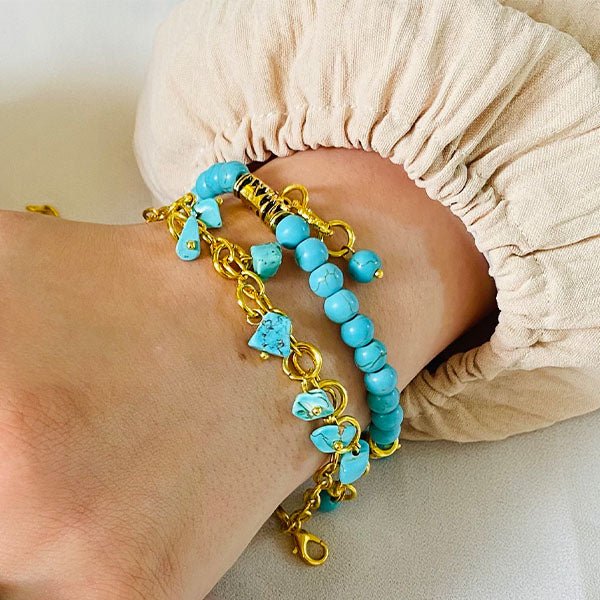 Boho Turquoise & Leather Charm Jewelry Set – Bracelet & Ring