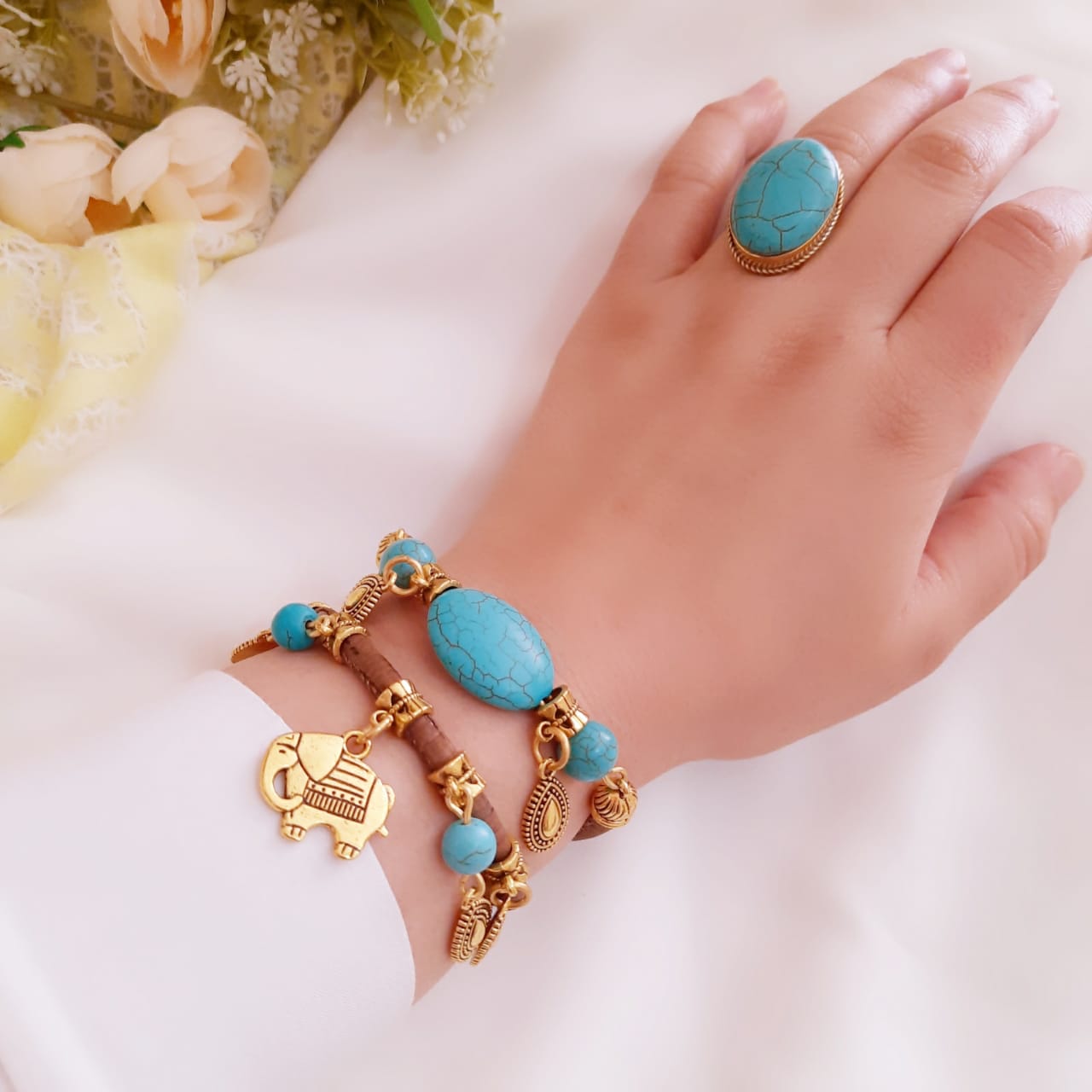 Boho Turquoise & Leather Charm Jewelry Set