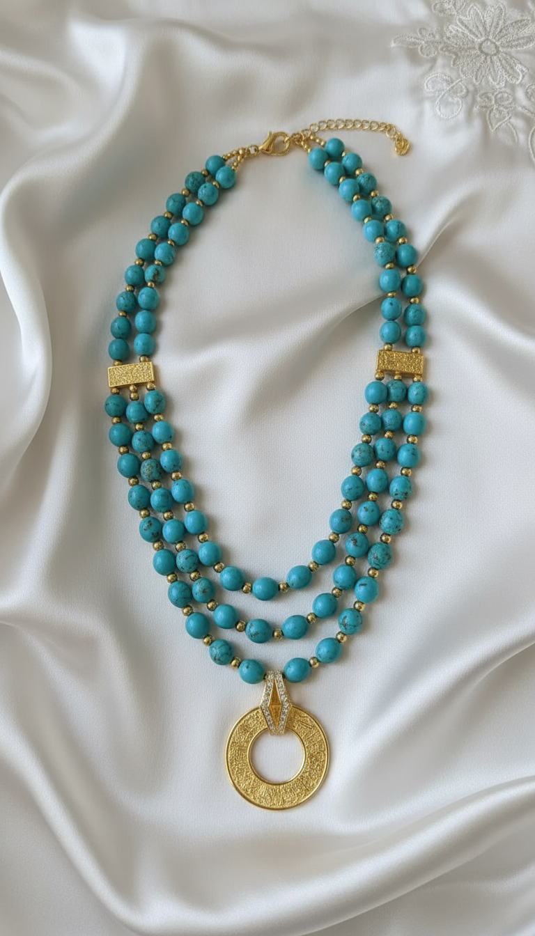 Golden Circle Necklace with Turquoise Beads