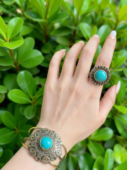 Handcrafted Copper Jewelry Set – Green Stone Floral Majesty