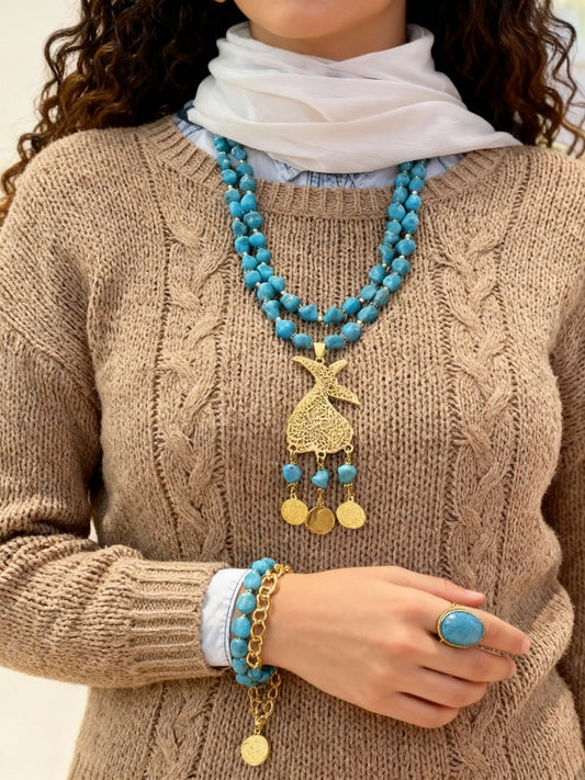 Whirling Soul – Sufi-Inspired Necklace, Bracelet & Ring Set with Turquoise Stones