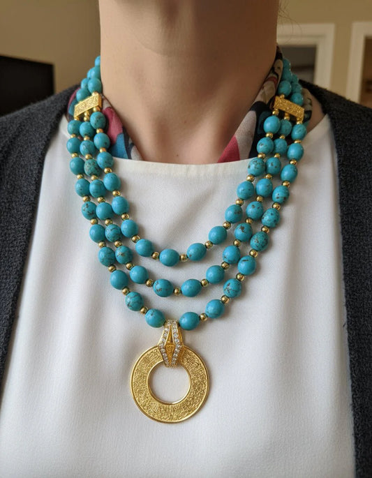Golden Circle Necklace with Turquoise Beads