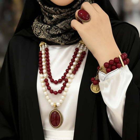 Red Coral & Pearl Jewelry Set – Arabic Heritage Design
