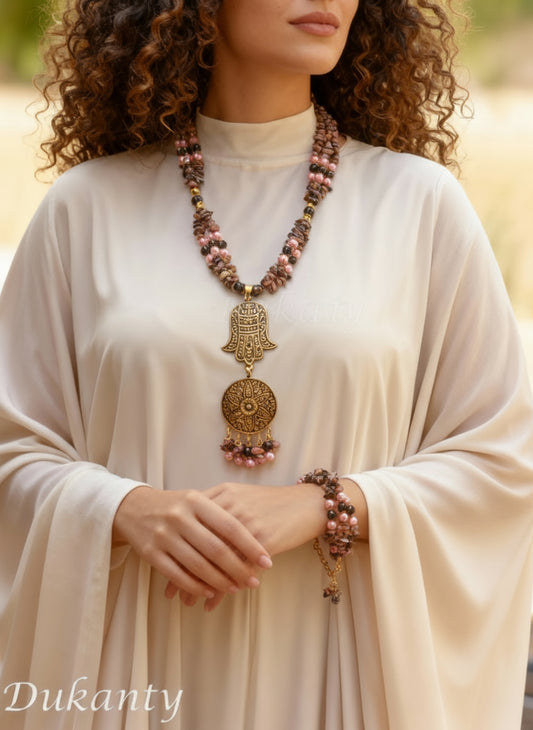 Mystic Harmony – Sufi-Inspired Copper Pendant Set with Agate, Pearls & Shells
