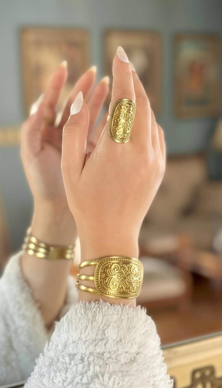 Vintage Oriental Engraved Copper Set – Bracelet & Ring