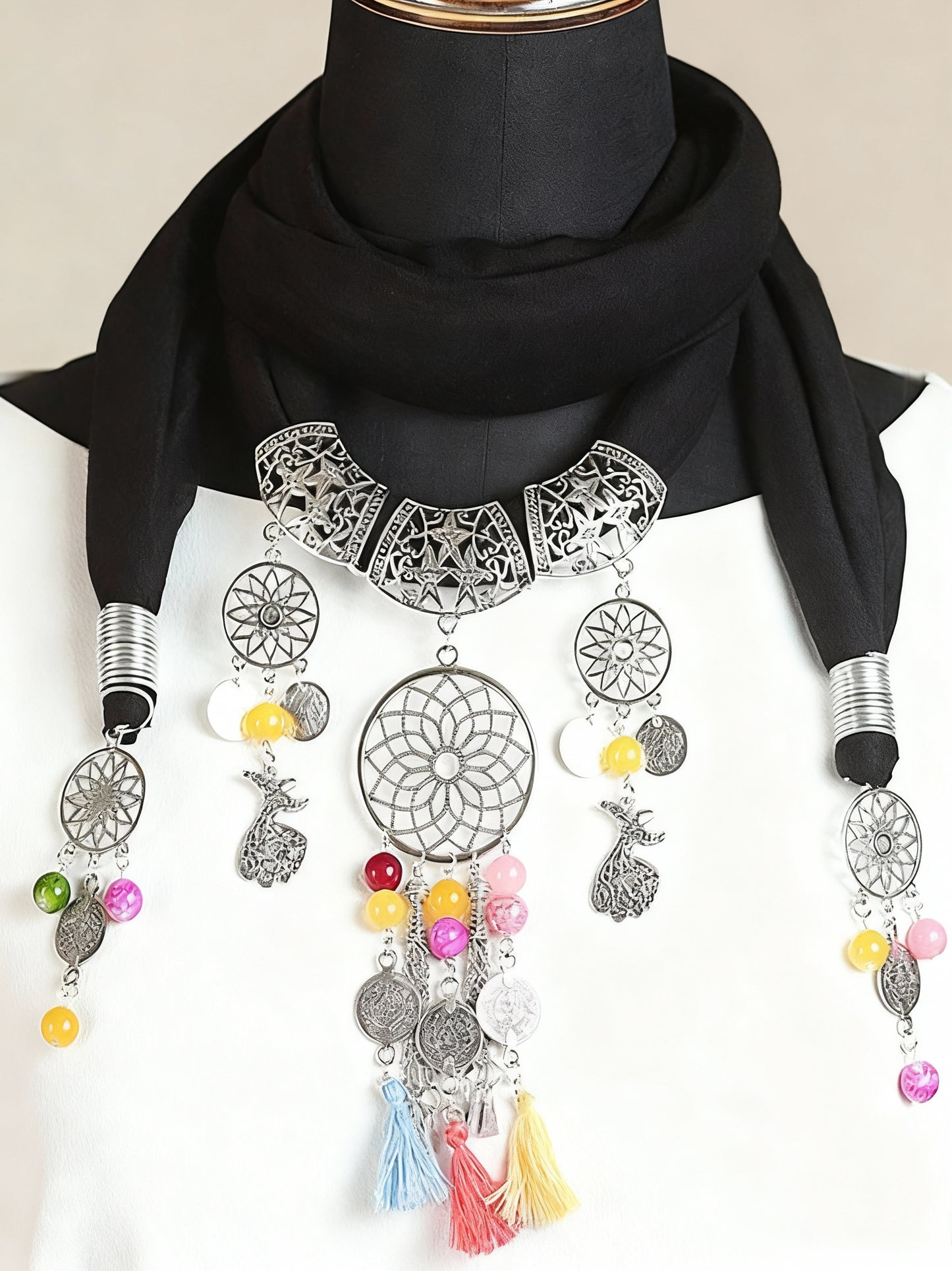 Sufi Dream – Spiritual Pendant Necklace Scarf with Tassels & Charms