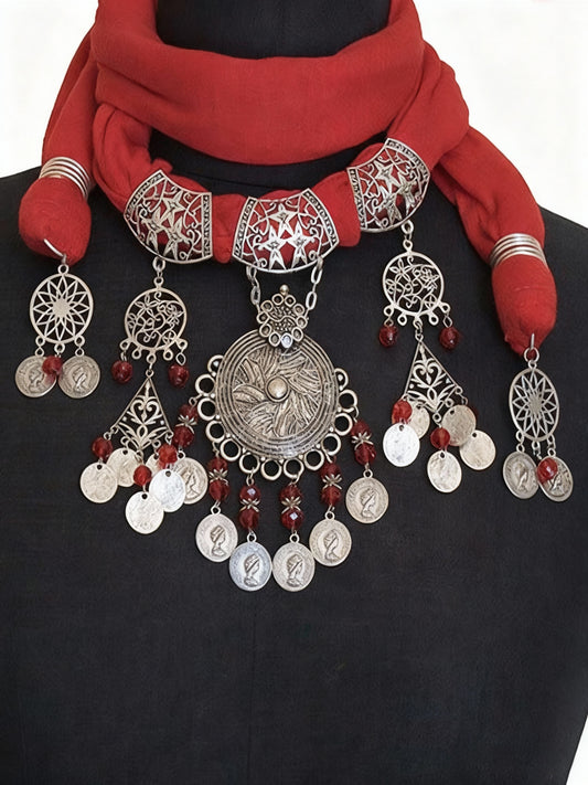 Crimson Echo – Bedouin-Inspired Necklace Scarf with Silver Coins & Tribal Medallion