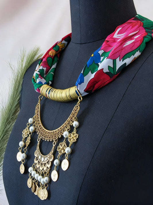 Floral Folklore – Bedouin Necklace Scarf with Gold Coin & Pearl Pendant