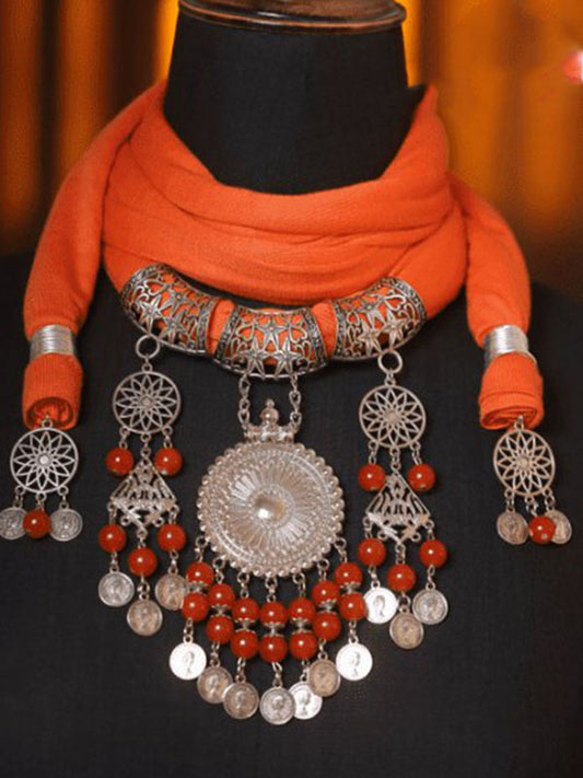 Sun Flame – Bedouin-Inspired Necklace Scarf with Silver Medallion & Orange Wrap