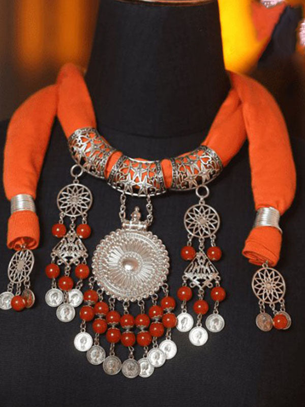 Sun Flame – Bedouin-Inspired Necklace Scarf with Silver Medallion & Orange Wrap